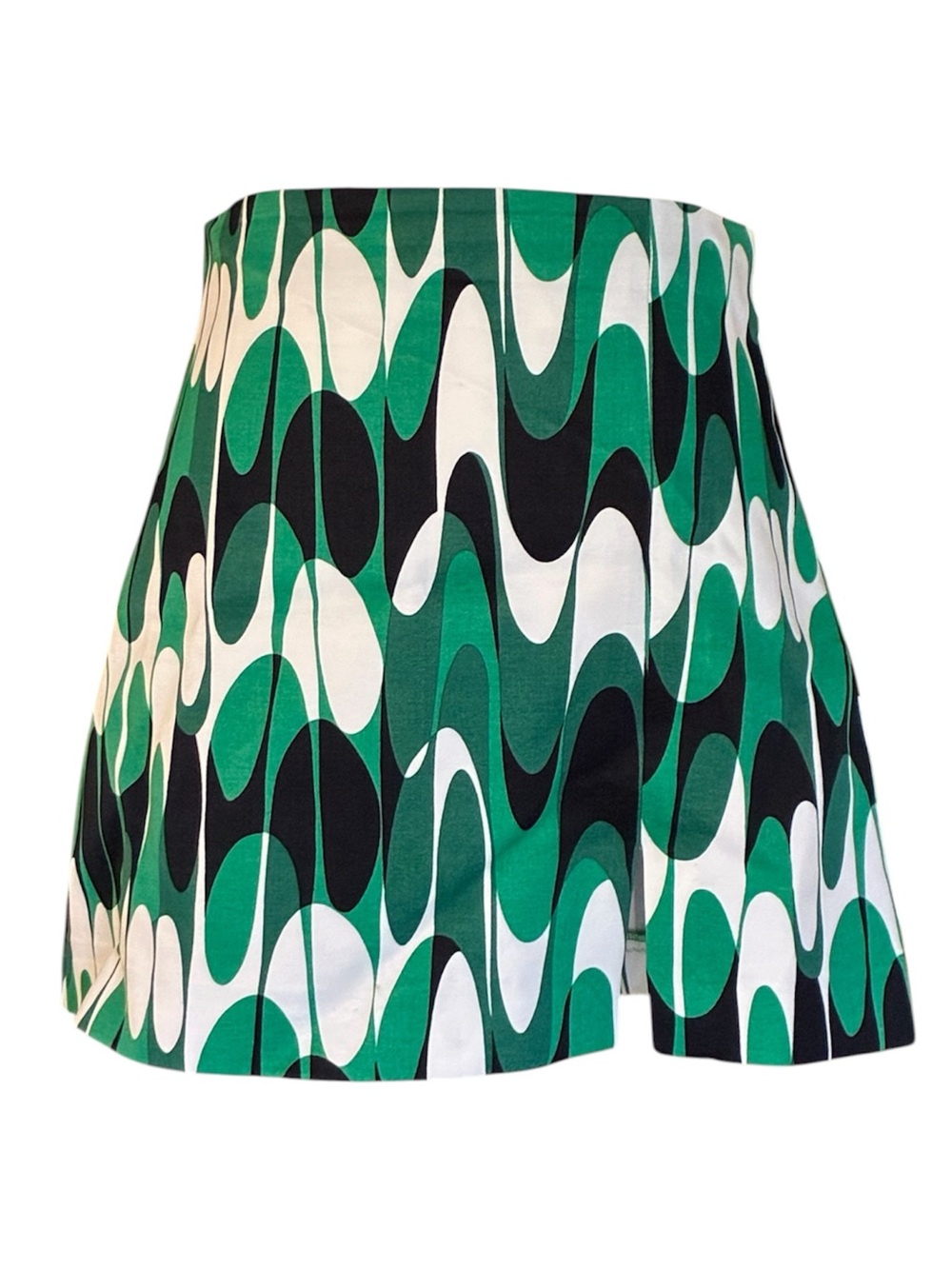 Zara Green Black White Wave-Print Retro High Waist Front Slit Mini Satin Skirt M